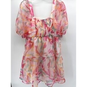 CROSBY by Mollie Burch Floral Smocked Mini Dress Pink Orange XS New